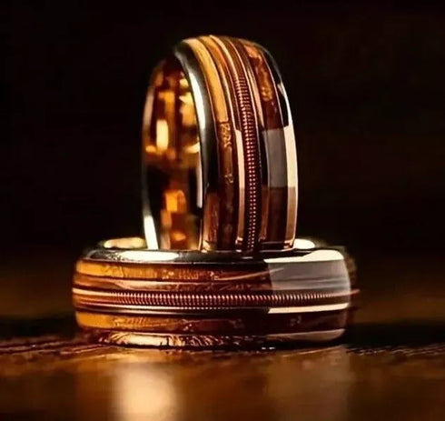 Men 8mm Tungsten Guitar String Whisky Barrel Wood Inlay Engagement Wedding Band